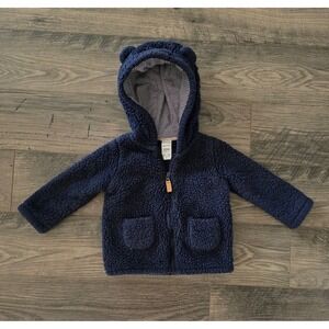 Carters Navy Blue Teddy Bear Fleece Hooded Jacket sz 12 M Cozy Winter Fall
